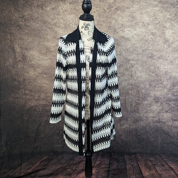 Misook Sweaters - Misook Petite Black White Chevron Pointelle Waterfall Duster sweater XL PXL